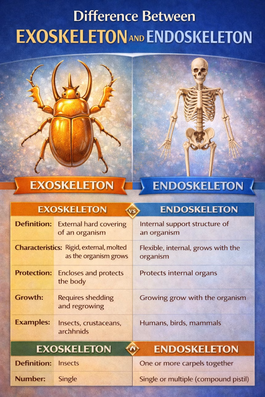 Difference Between Exoskeleton and Endoskeleton in Biology